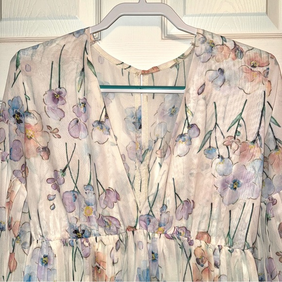 SHEIN Floral Print Plunging Neck Flounce Sleeve Dress - Picture 3 of 11